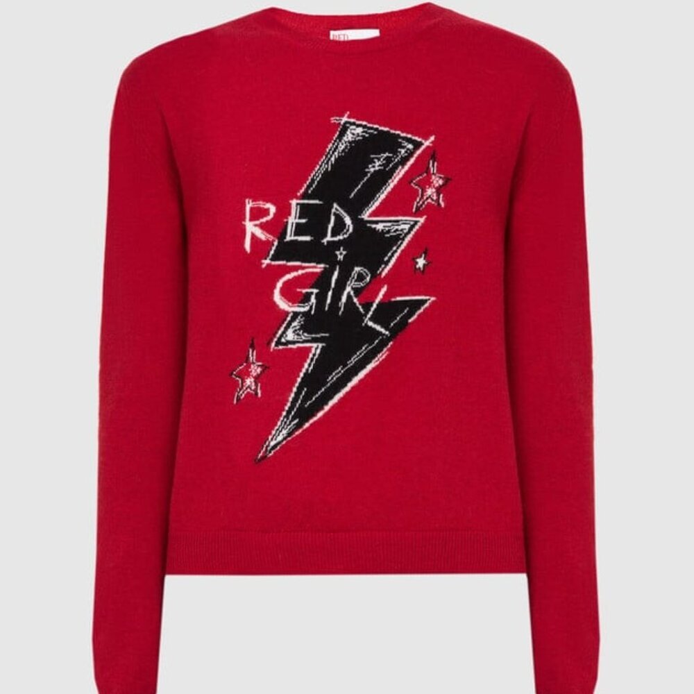 Red Valentino Sweater Red Wool Cashmere Knit Lightning Bolt Graphic Jumper